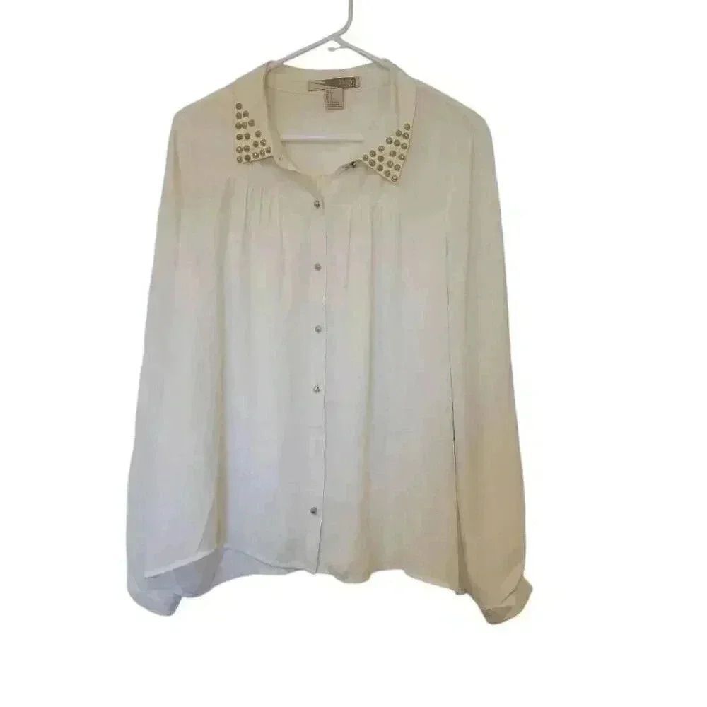 Love 21 Forever 21 Women's Ivory Poly Georgette Button Front Gold Studded & Gold